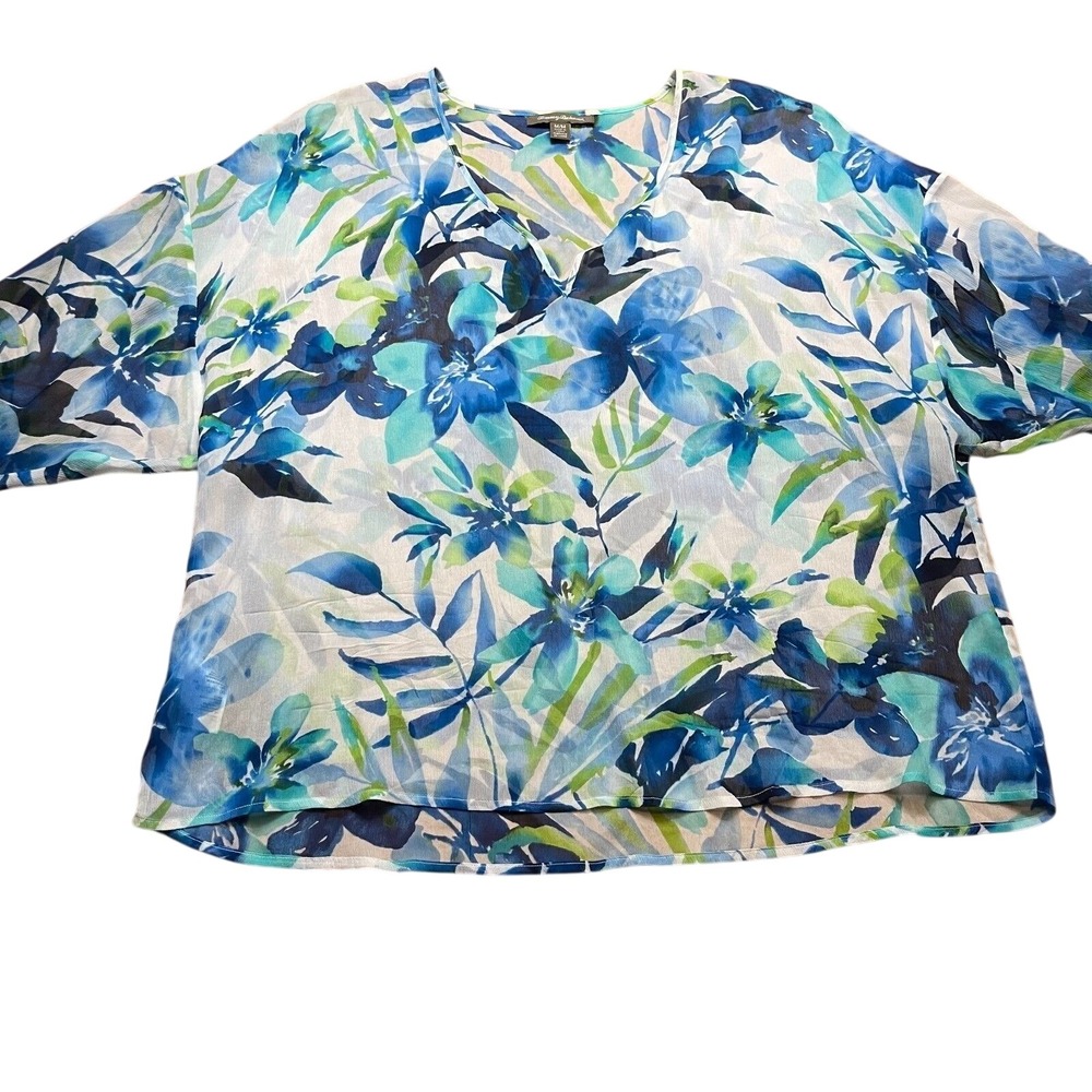 Tommy Bahama Blue Floral Silk V-Neck Top Medium Tropical Relaxed Fit